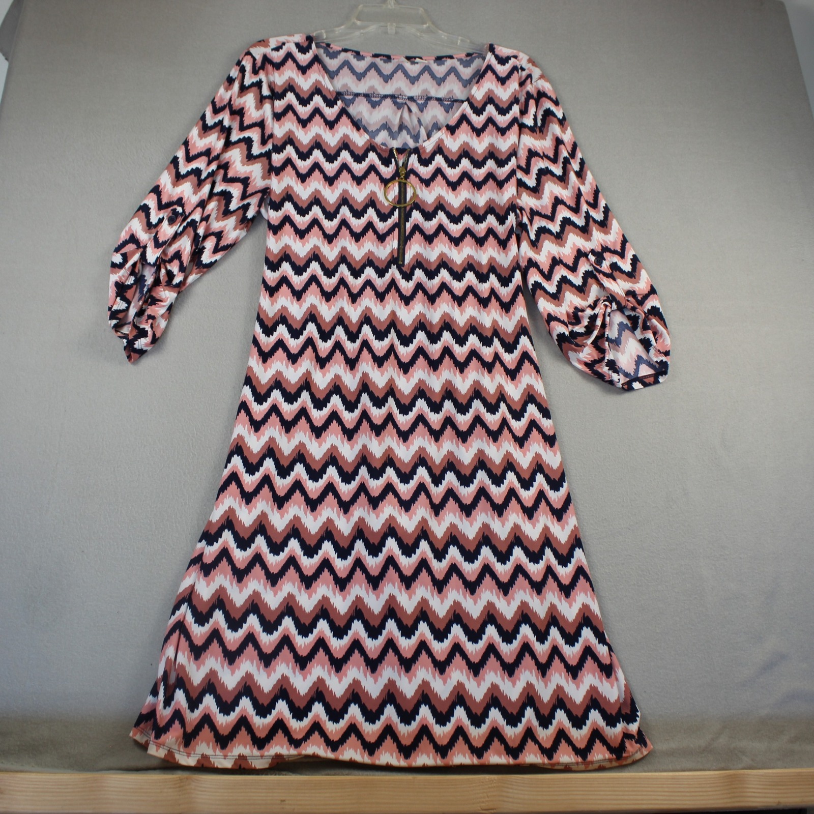 Tacera Chevron Dress Womens 2x Pink Navy 70s Style O-Ring Zip 3/4 Sleeve 7810kx